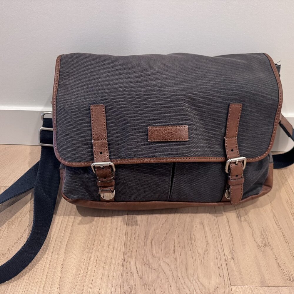 Fossil Laptop Crossbody Laptop Bag Blue Canvas & Leather